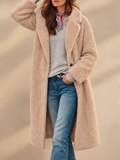 Women Long Teddy Fleece Coat Button Front Lapel Winter Overcoat