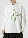Men Chinese Style Long Sleeve Loose Fit Shirt with Bamboo Leaf Print