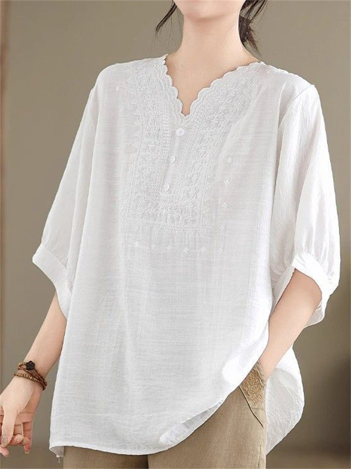 Women's Solid Color Embroidery V Neck Comfy Short Sleeve Shirt