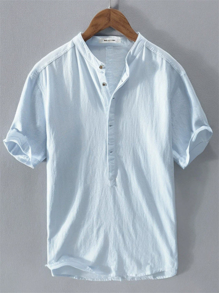 Men's Simple Solid Color Stand Collar Pullover Short Sleeve Shirts