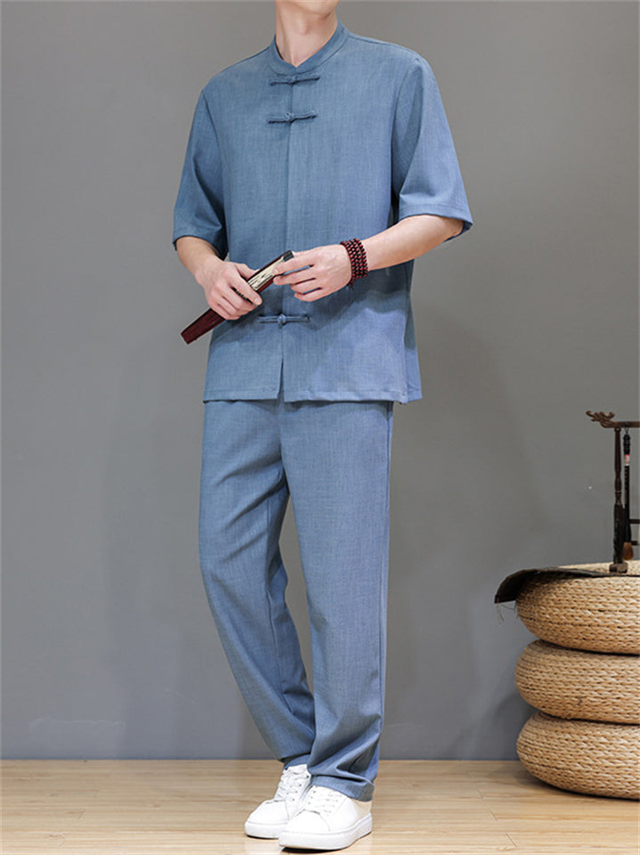 Men's 2Pcs Comfy Stand Collar Short Sleeve Solid Color TangSuit Outfits
