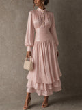 Women High Neck Long Sleeve Ruched Tiered Metallic Maxi Dress
