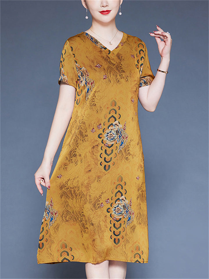 Summer Short Sleeve Casual V-neck Print A-Line Dress for Women