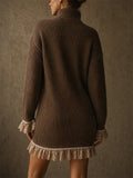 Women Oversized Turtleneck Sweater Dress with Lace Trim