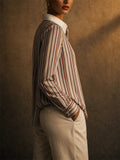 Women Vertical Striped Button Down Long Sleeve Work Blouse