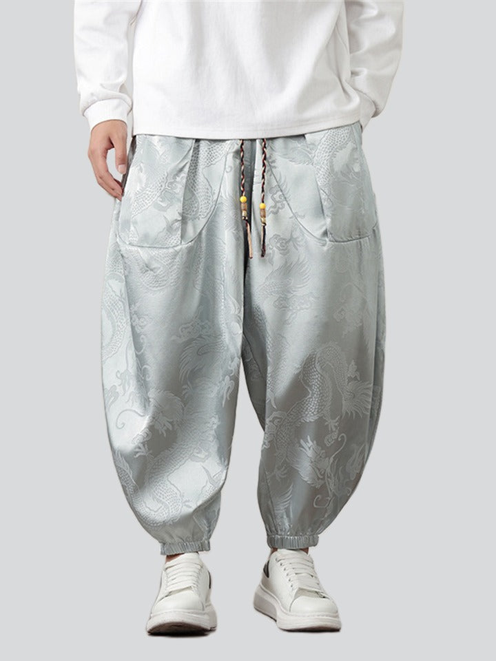Male Loong Graphic Ankle-tied Ice Silk Lantern Pants
