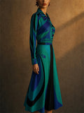 Women Teal Abstract Geometric Print Long Sleeve Shirt and Wide Leg Pants Set