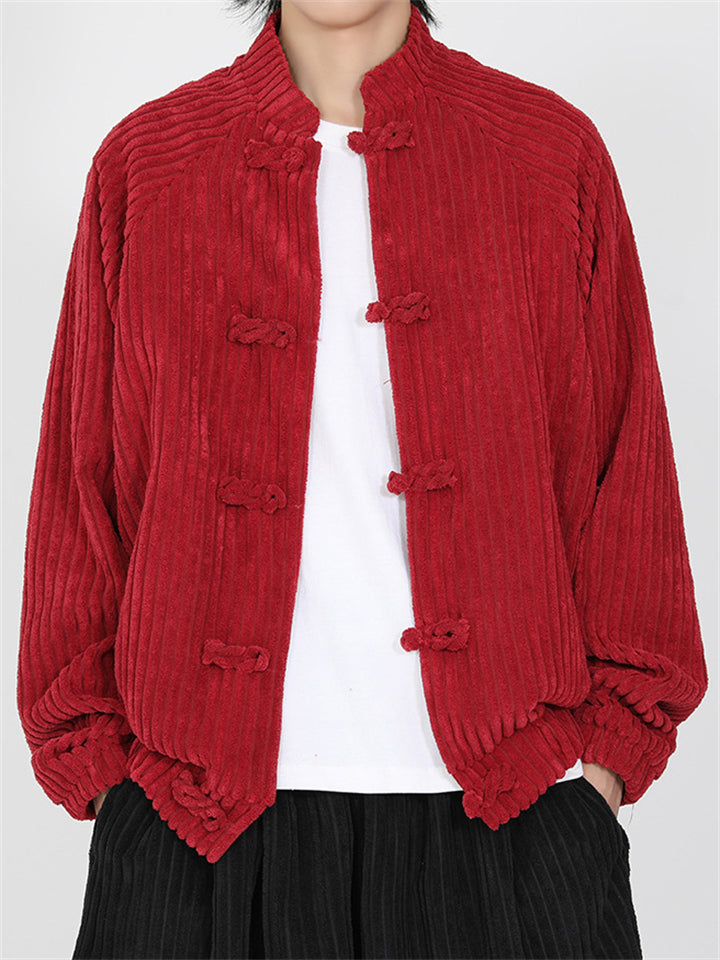 Chinese Style Corduroy Mandarin Collar Jacket with Chinese Knot Buttons for Men