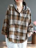 Women's Retro Plaid Contrast Color Long Sleeve Hooded Shirts