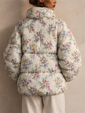 Women Stylish Floral Print Zip Up Stand Collar Quilted Puffer Coat