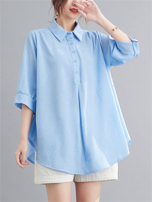 Natural Linen Solid Color Cozy Loose Shirt for Women