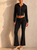 Womens Cropped Hoodie Flare Pants Two Piece Lounge Set