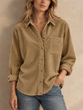 Women Corduroy Button Down Shirt Long Sleeve Pocket Casual Blouse