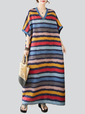 Colorful Stripes V Neck Vacation Long Dress for Women