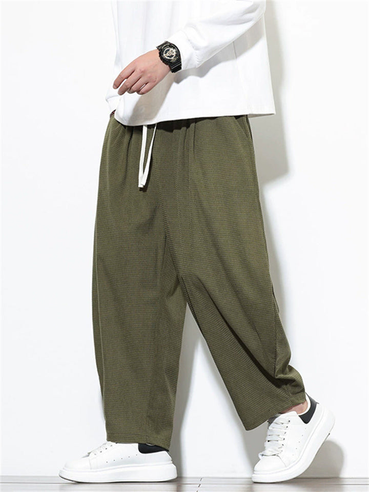 Men's Casual Simple Waffle Solid Color Drawstring Wide Leg Cropped Pants