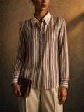 Women Vertical Striped Button Down Long Sleeve Work Blouse