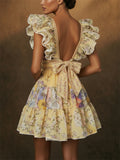 Women Floral V Neck Ruffle Sleeve Backless Boho Mini Dress