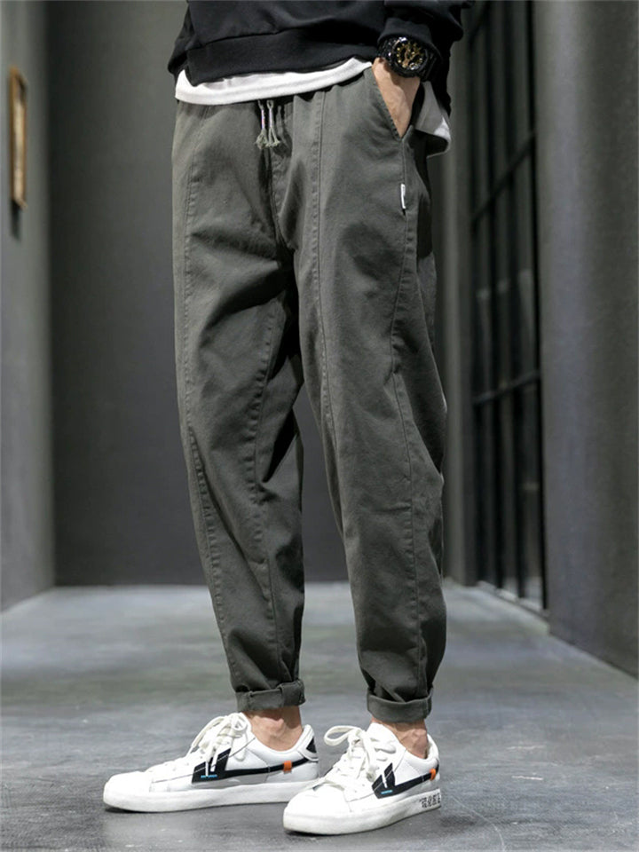 Men's Cotton Drawstring Casual Loose Fit Tapered Leg Cargo Pants