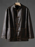 Men's Chinese Style Faux Leather Loose Fit Mandarin Collar Jackets