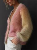 Women' s Color Block Ombre Fuzzy Mohair V Neck Scalloped Button Cardigan