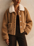 Women Stylish Button Down Faux Fur Collar Pockets Teddy Jacket