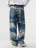 Men's Casual Streetwear Mosaic Checkered Loose Fit Straight Denim Pants