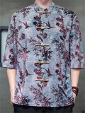 Chinese Style Print Frog Button Half Sleeve TangSuit Shirt for Men