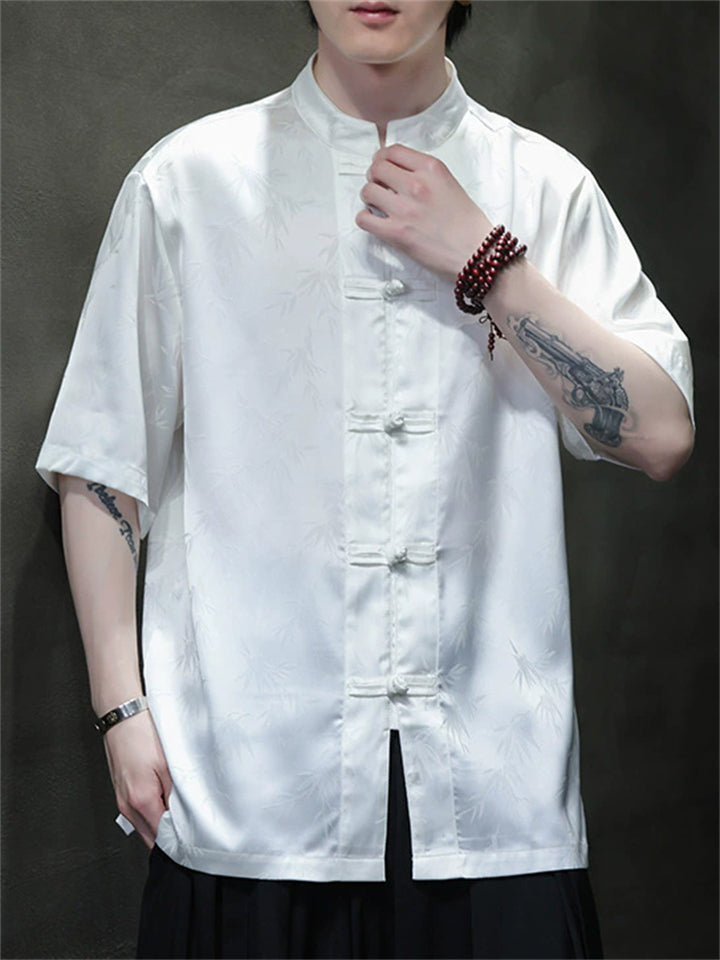 Men's Summer Bamboo Leaves Printed Stand Collar Short Sleeve TangSuit Shirts