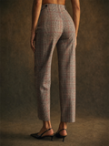 Womens High Waisted Pleated Straight Leg Plaid Work Pants