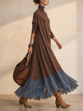 Women Faux Suede Turtleneck Lace Trim Long Sleeve Maxi Dress