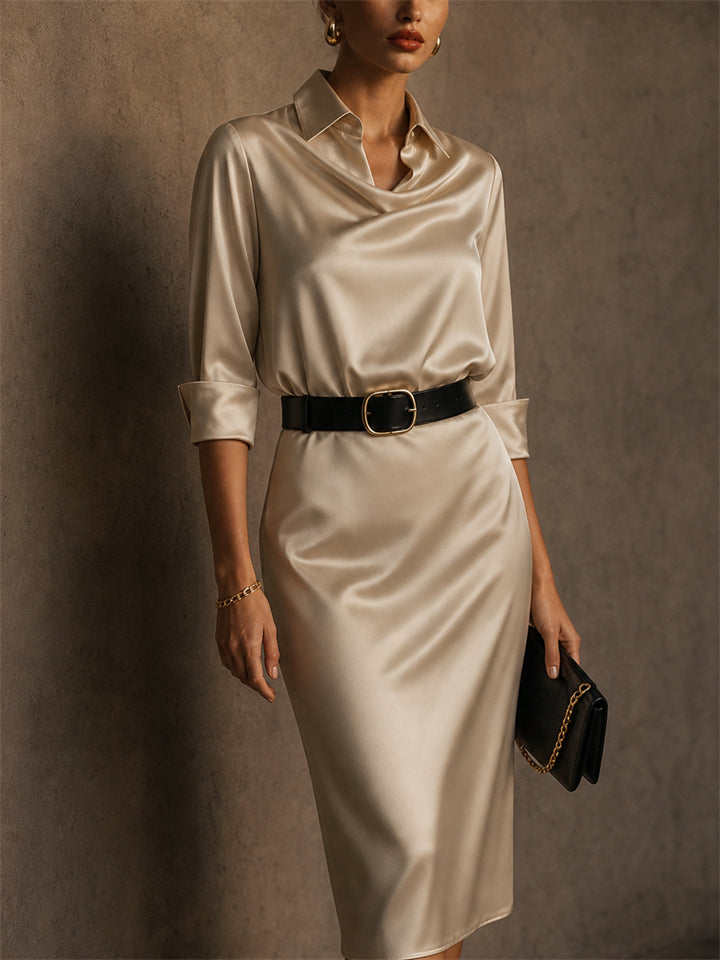Women Champagne Satin Cowl Neck Belted Shirt Midi Dress