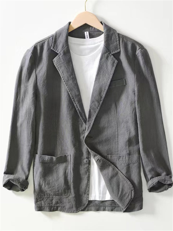Men's Casual Solid Color Cotton Suit Collar Jacket