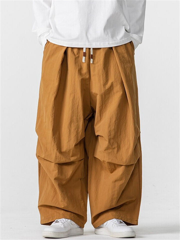 Men's Retro Solid Color Drawstring Wide Leg Cargo Pants