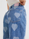 Women's Retro High-Rise Heart Print Straight Denim Jeans
