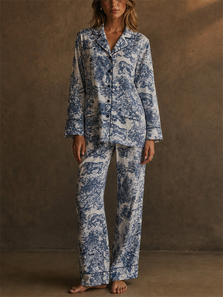 Women 2 Piece Toile De Jouy Blue Long Sleeve Cotton Pajama Set