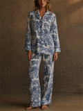 Women 2 Piece Toile De Jouy Blue Long Sleeve Cotton Pajama Set