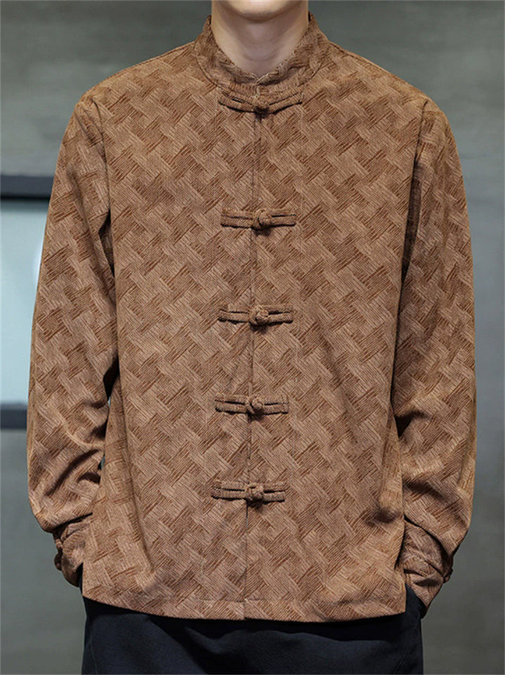 Men's Basketweave Pattern Frog Button Mandarin Collar Tang Suit Jackets