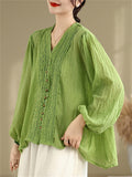 Women's Summer Elegant Loose Lace Patchwork Solid Color Long Sleeve Shirts