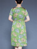 Women's Loose Floral Print Tie-waist O-neck Short Sleeve Dress