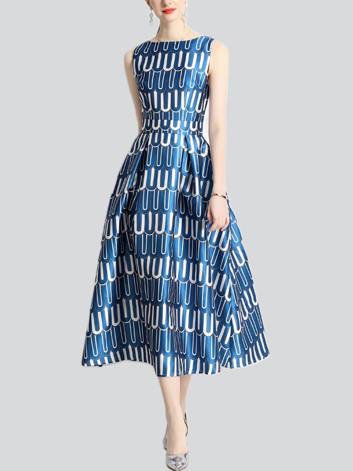 Trendy Blue & White Letters U Print Dress for Ladies