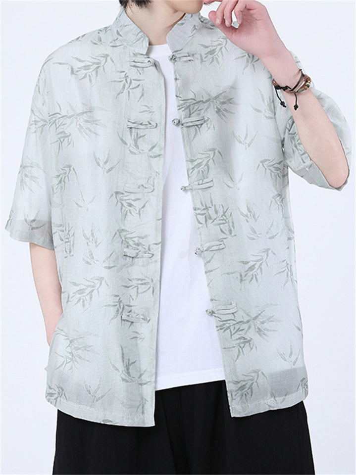 Chinese Style Men's Summer Bamboo Stand Collar Short Sleeve Shirts