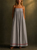 Women's Striped Maxi Sundress with Red Trim Pockets