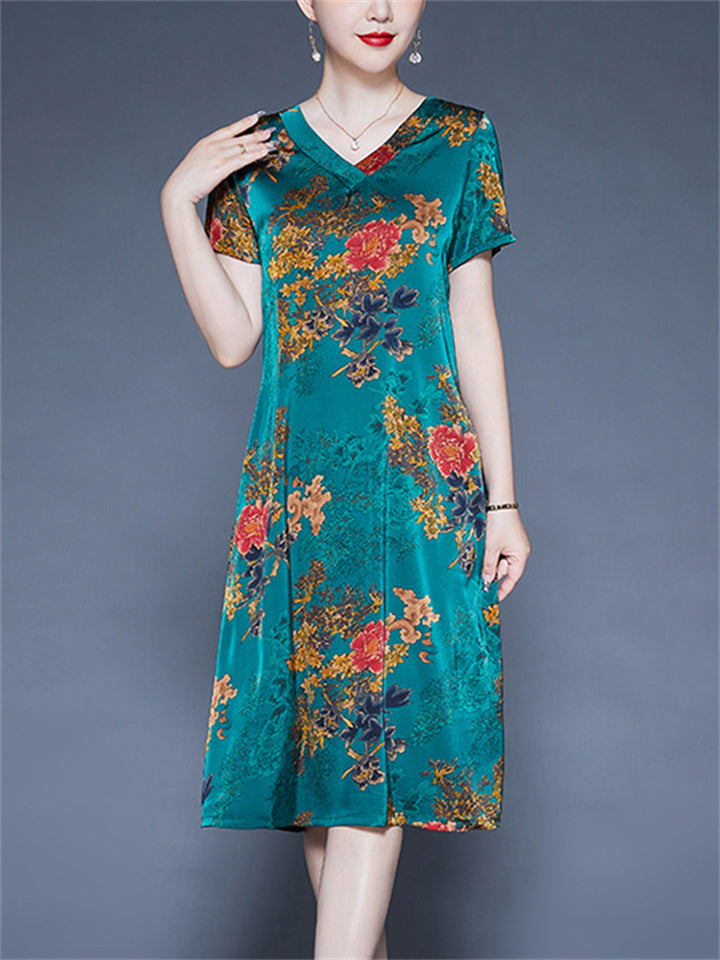 Summer Casual V-neck Floral Print A-Line Dress for Women