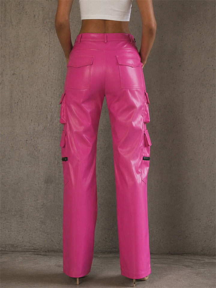 Women's Hot Pink Faux Leather High Waist Wide Leg Cargo Pants