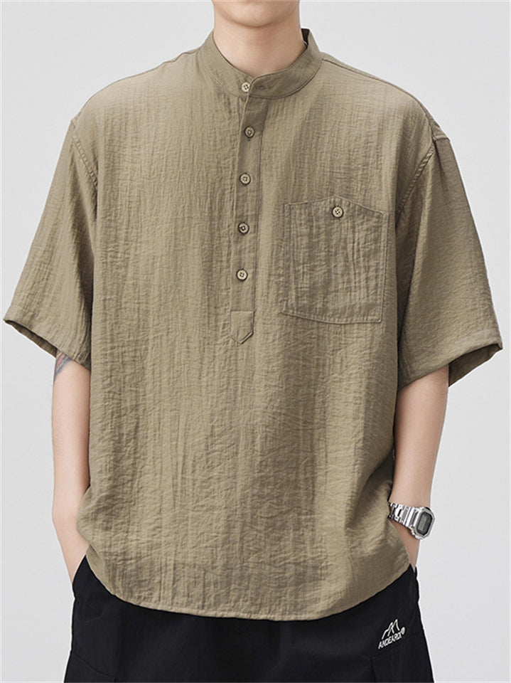 Men's Casual Stand Collar Solid Color Texture Short Sleeve Shirts