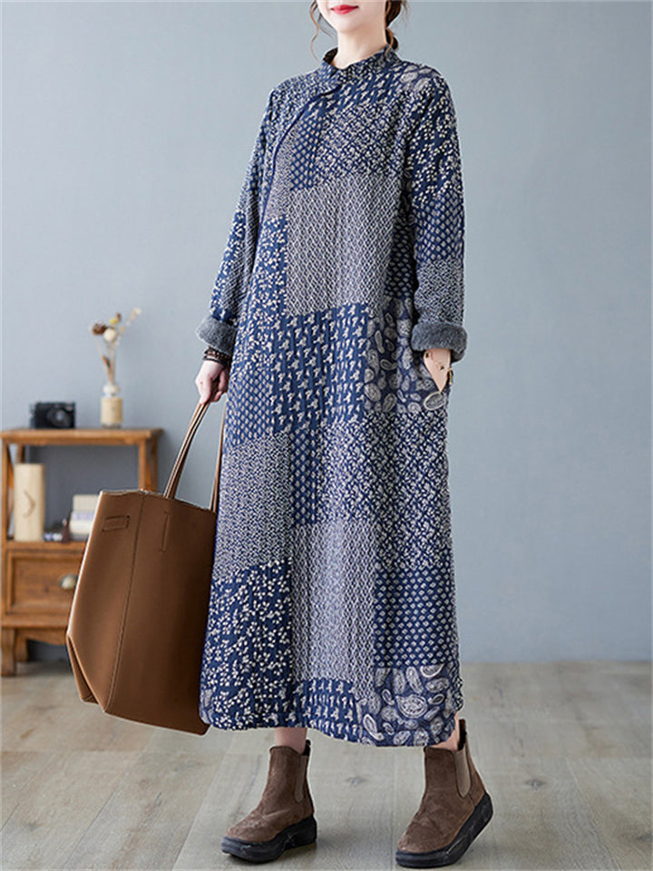 Women's Vintage Square Print Plush Liner Straight Long Dress