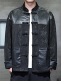 Men's Chinese Style PU Leather Suede Patchwork Tangsuit Jacket with Calligraphy Print