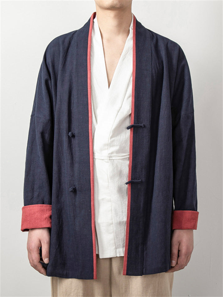 Plain Cotton Linen Long Sleeve Knot Button Men's Jacket