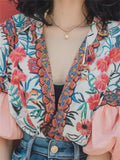 Summer Floral Embroidery V-Neck Bubble Sleeve Shirt for Women