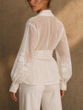 Women Sheer Floral Embroidered Wrap Blouse Lantern Sleeve Top